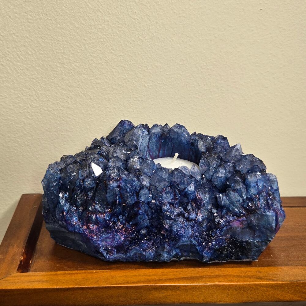 Dyed Crystal Cluster Geode Indigo Blue Candle Holder 6"